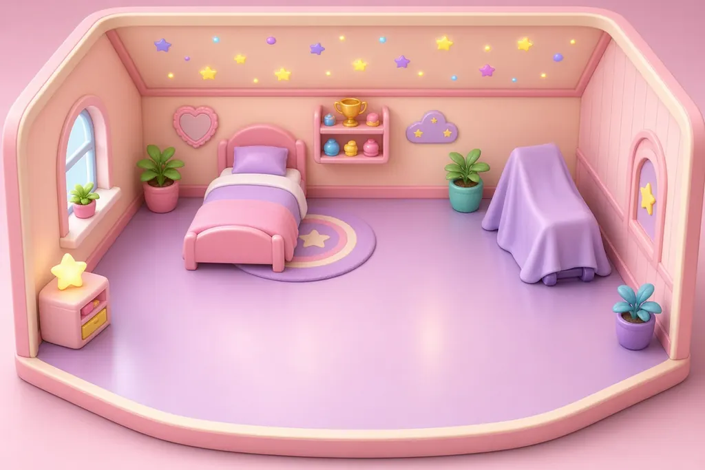 Your first home in the game: a pink childhood bedroom, with your doll standing in it.