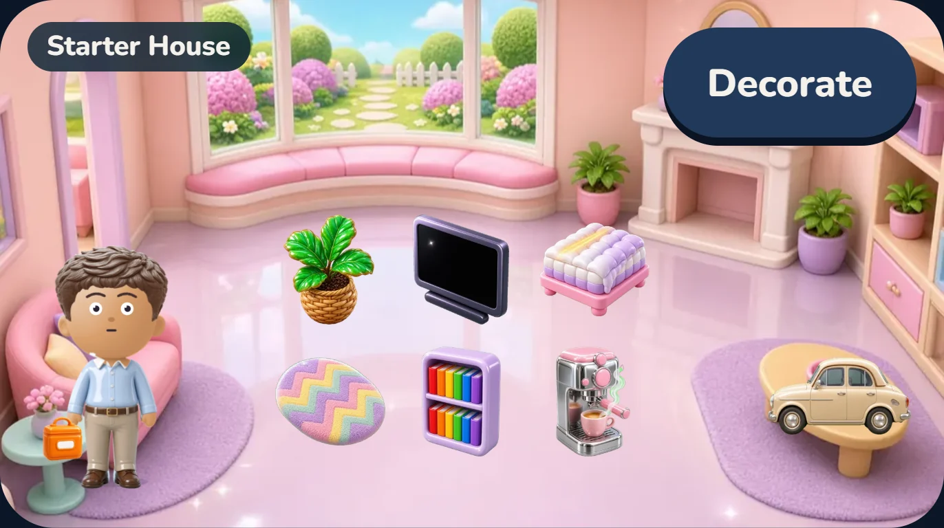 The game's room view: a starter house with your doll, a plant, a television, a mattress, a rug, a bookshelf and an espresso machine in it, and a car parked beside them.
